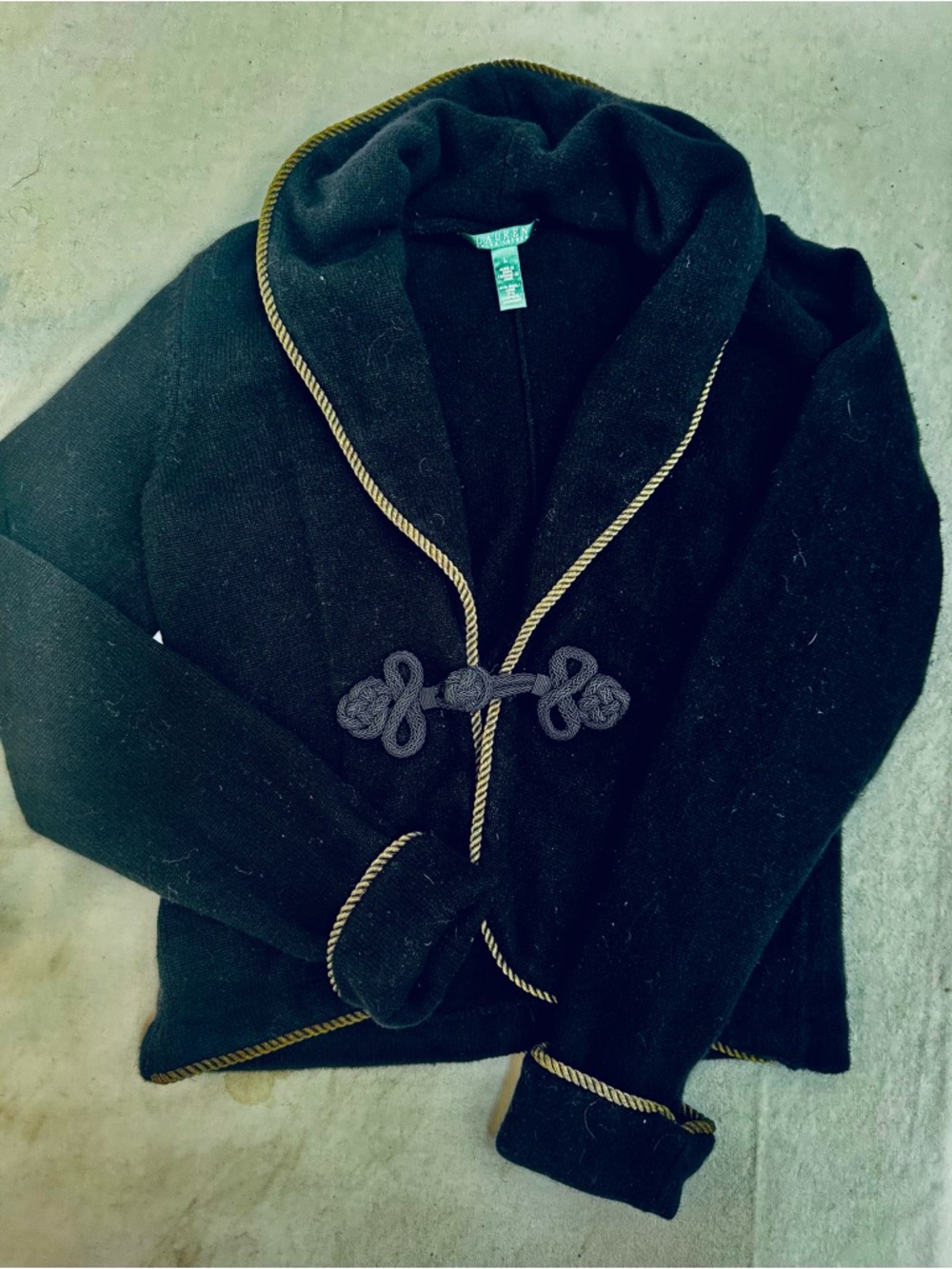 Ralph Lauren Black Shawl Collar Cardigan with Gold Trim